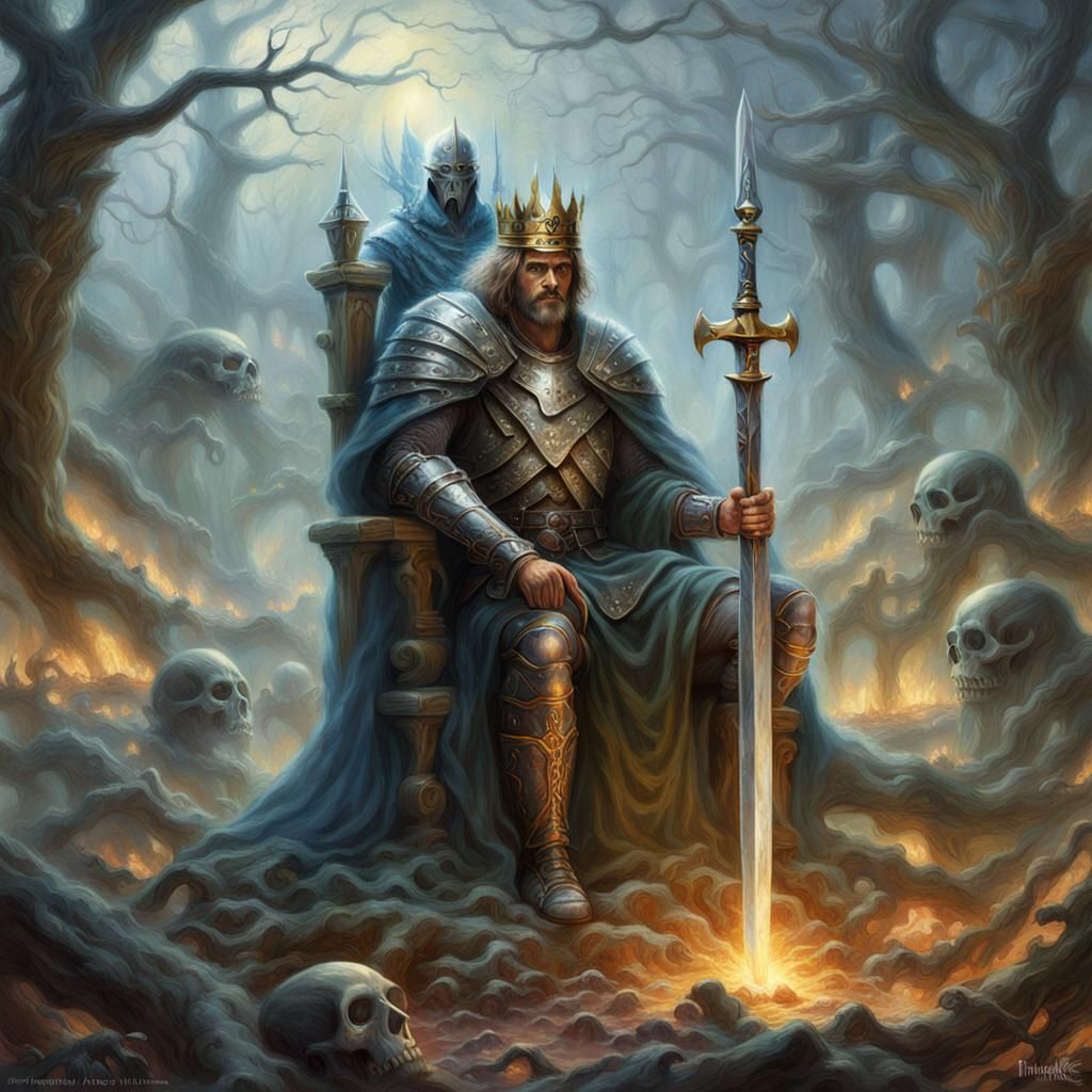 Battle-Scarred King on Bone Throne in Ethereal Fantasy