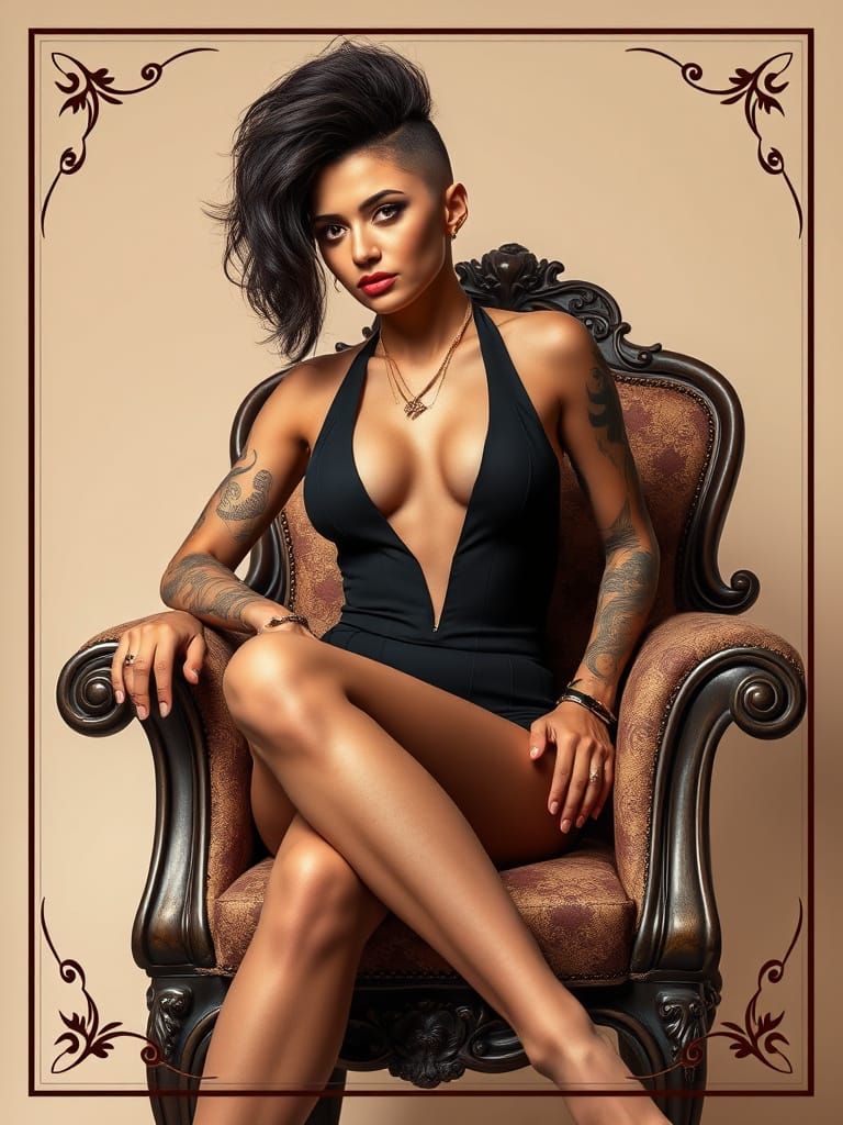 Confident Woman Seated in Luxurious Ornate Chair with Chic O...