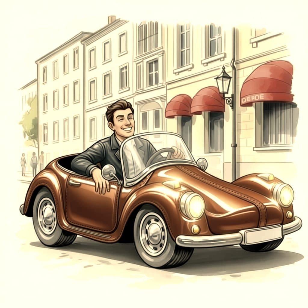 Fantasy Shoe-Car Driven by Proud Driver in Watercolor