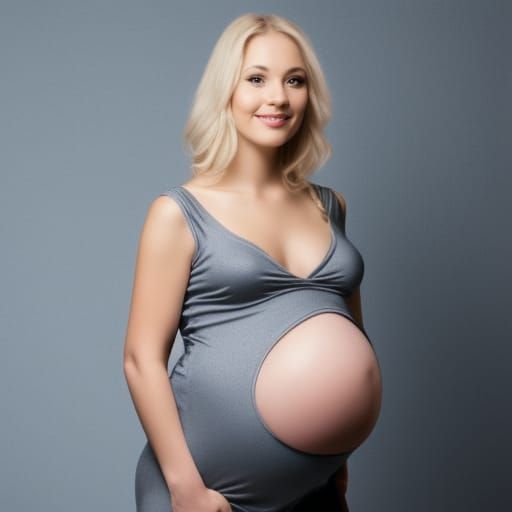 Pregnant Blonde in Silver Catsuit Portrait