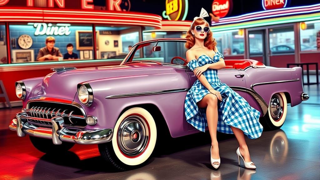 Sassy Rockabilly Pin-Up Model Poses with Chrome Hot Rod