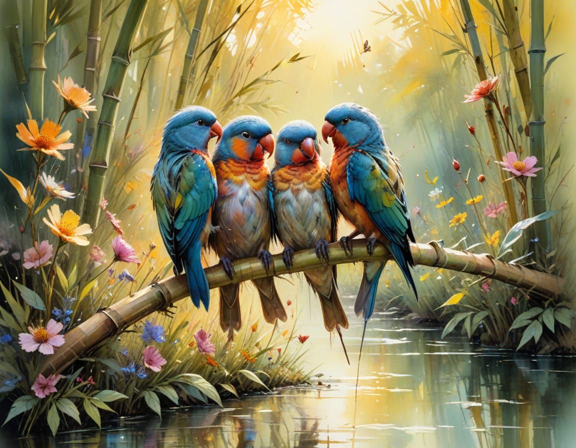 Lovebirds in Wildflower Meadow: Expressive Watercolor