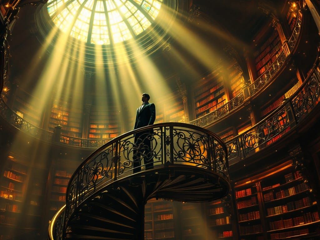 Elegant Figure Amidst Victorian Library