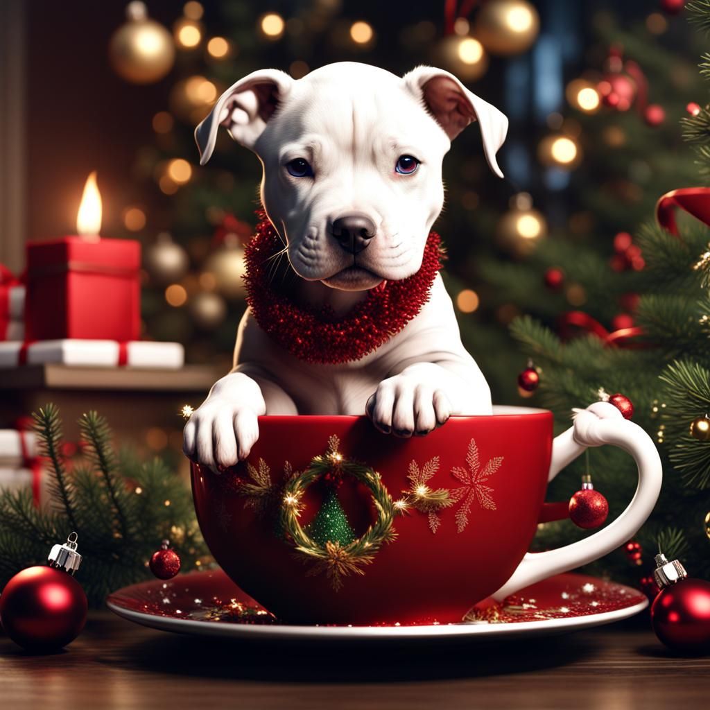 Pitbull Puppy in Christmas Teacup: Digital Painting