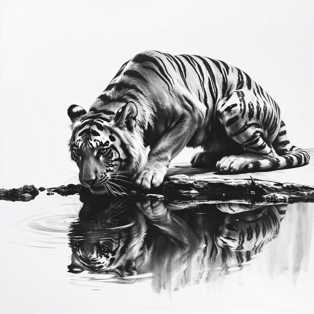 Tiger Drinking: Expressive Black and White Charcoal Art