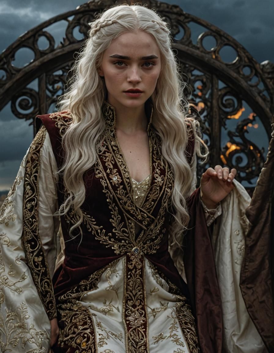 Medieval Princess in Throne Room with Stormy Sky