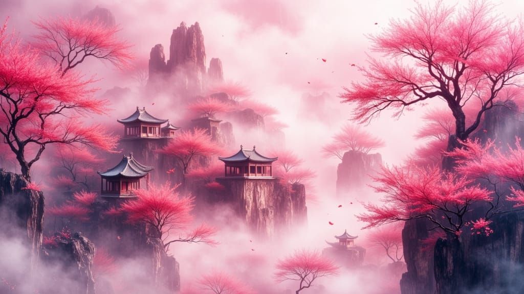 Chinese Temples in Pink Mist Valley Painting
