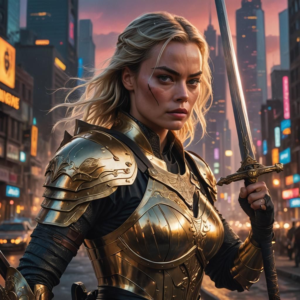 Margot Robbie as Fierce Warrior in Ornate Cityscape