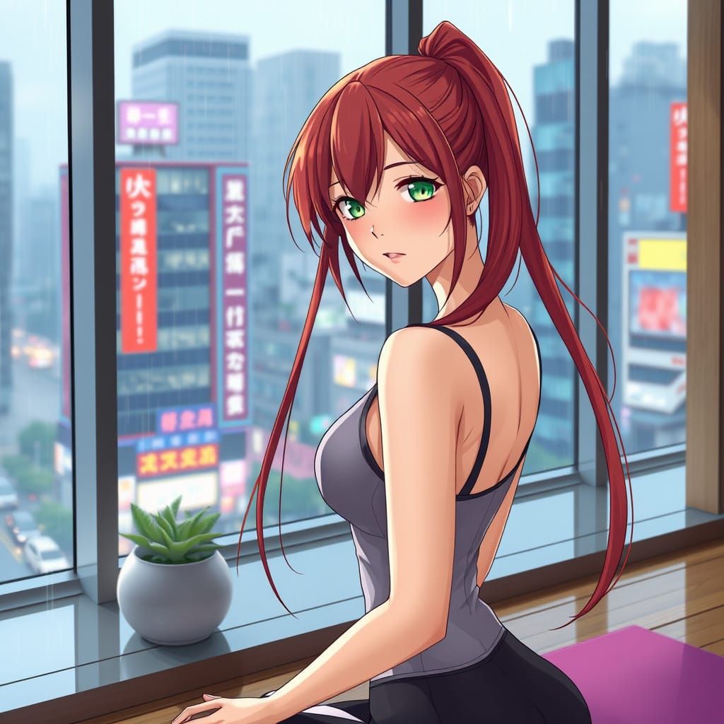 Japanese Yoga Instructor in Rainy Shibuya