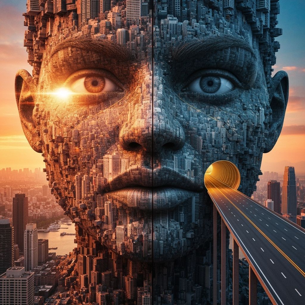 Surreal Cityscape Face with Sunset Eye, Futuristic Art