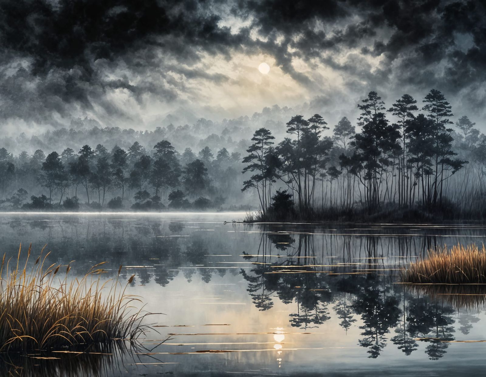 Foggy Lake Reflections in Ethereal Haze: Oil Painting