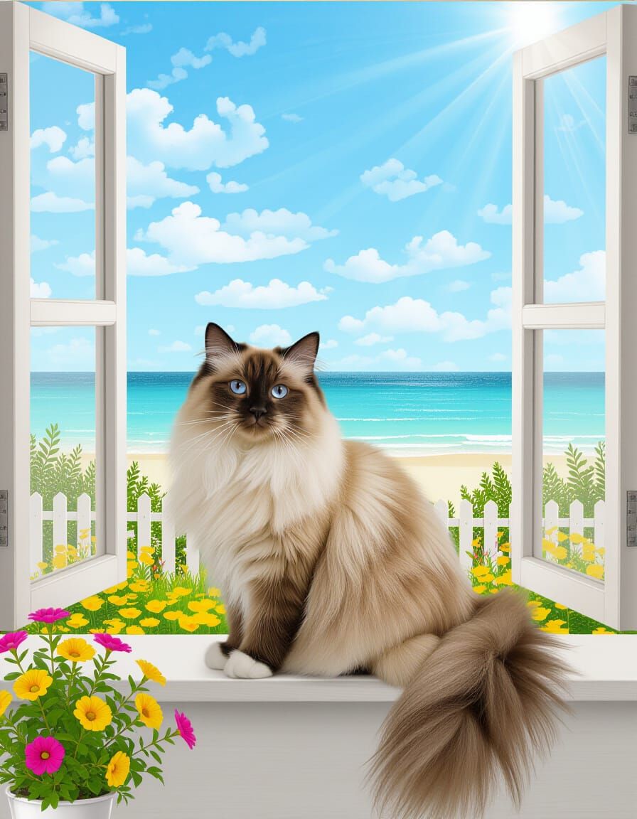 Ragdoll Cat Gazing at Ocean From Window