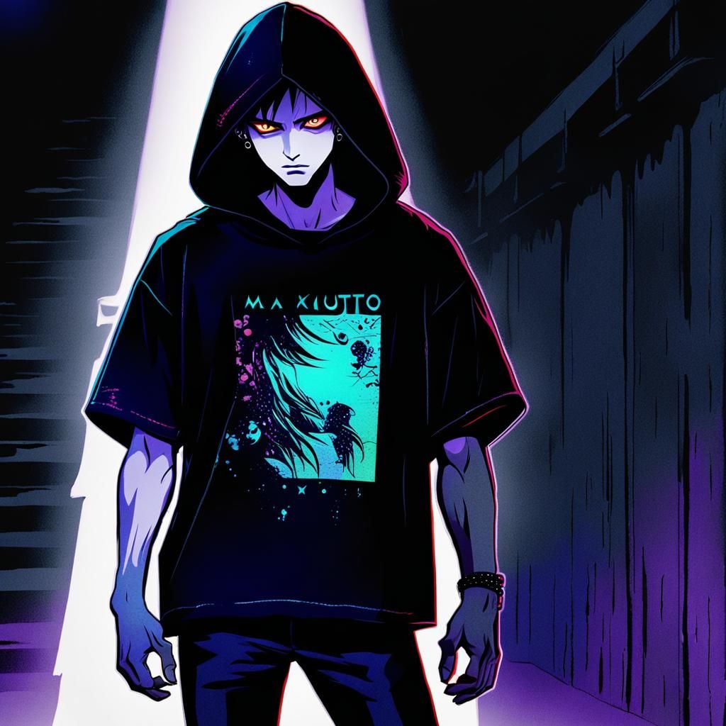 Anime Young Man with Heterochromia in Grunge Style
