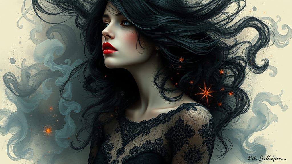 Elegant Girl in Smoke, a Surreal Gothic Fantasy