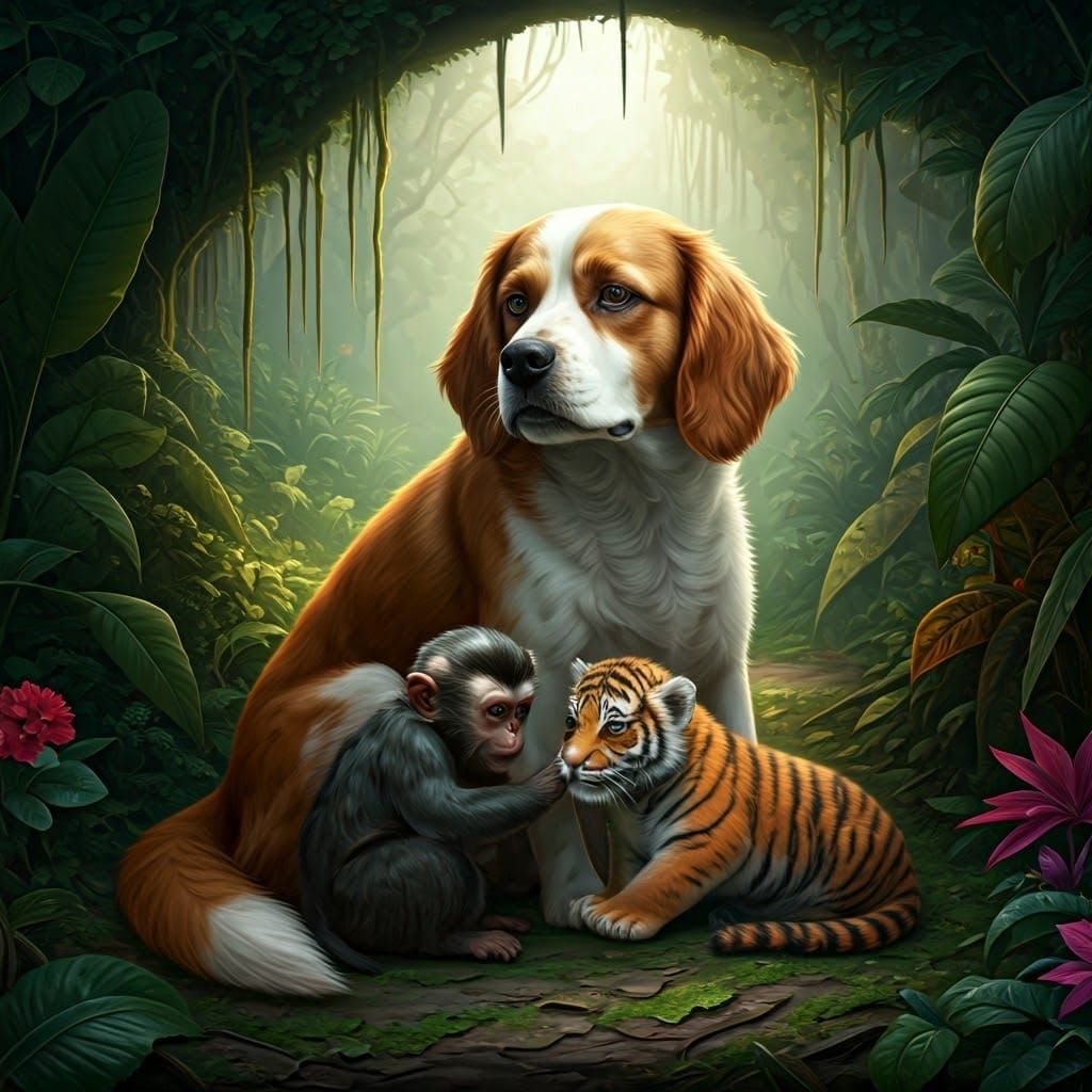 Dog Mother Nursing Baby Animals: Fantasy Art
