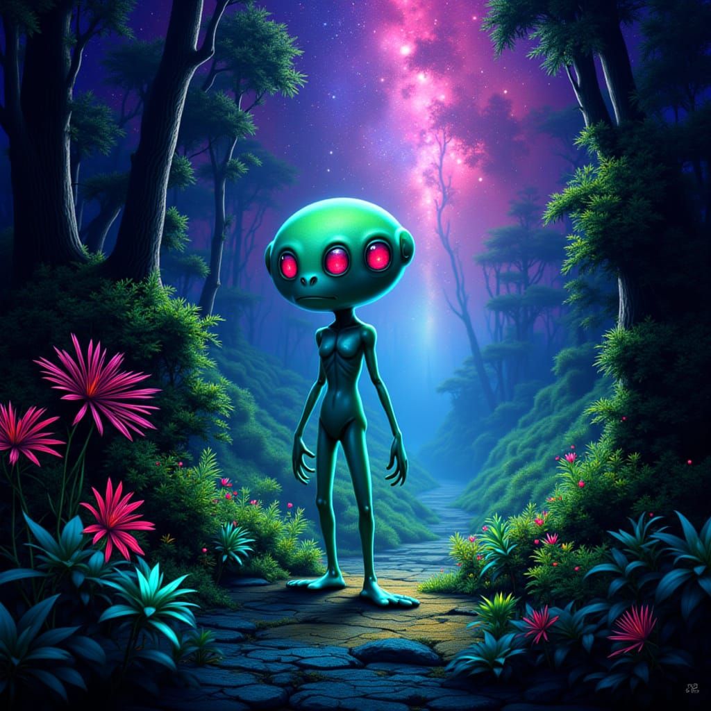Bioluminescent Alien in Lush Earth Forest Digital Painting