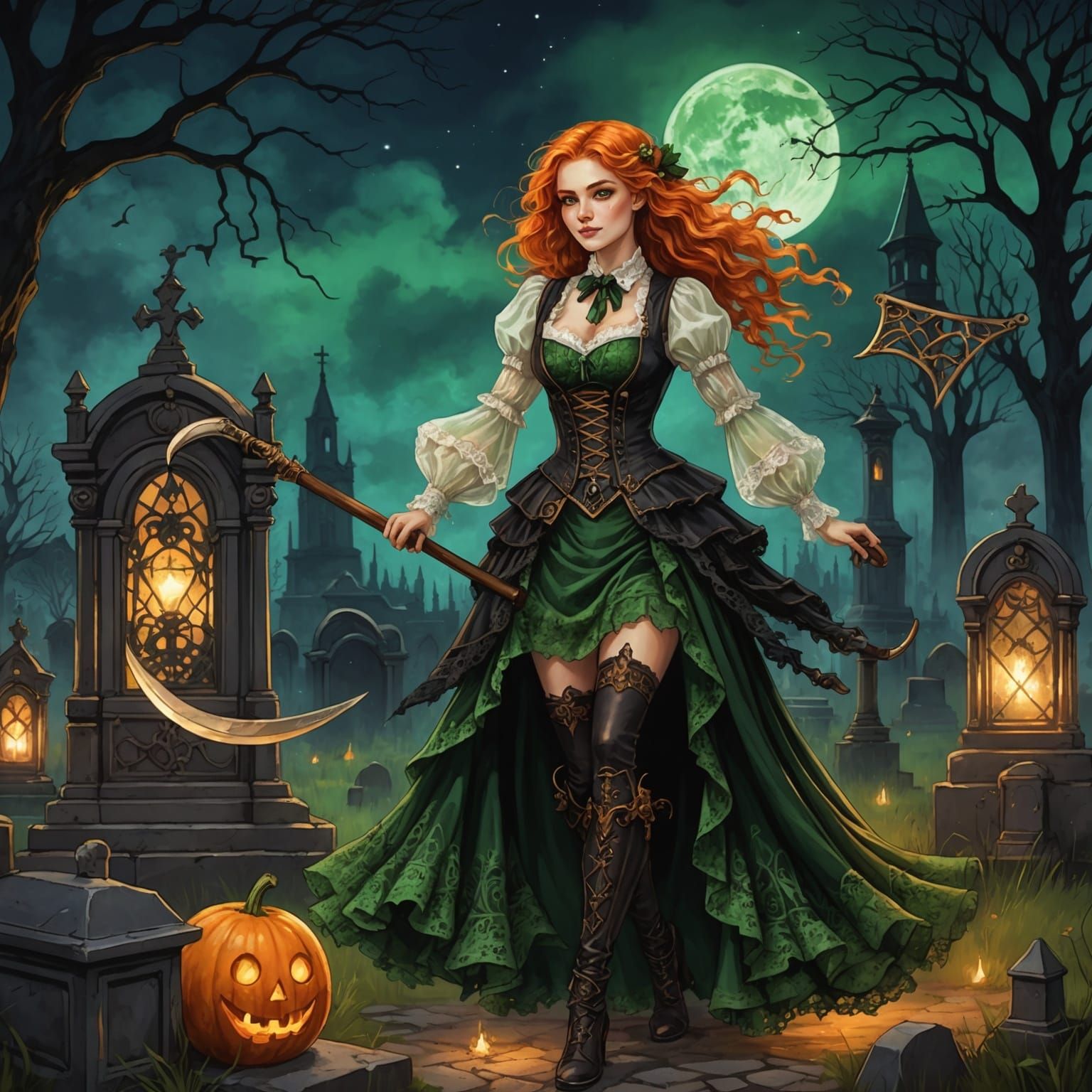 Steampunk Reaper Spins Scythe in Cemetery at Night