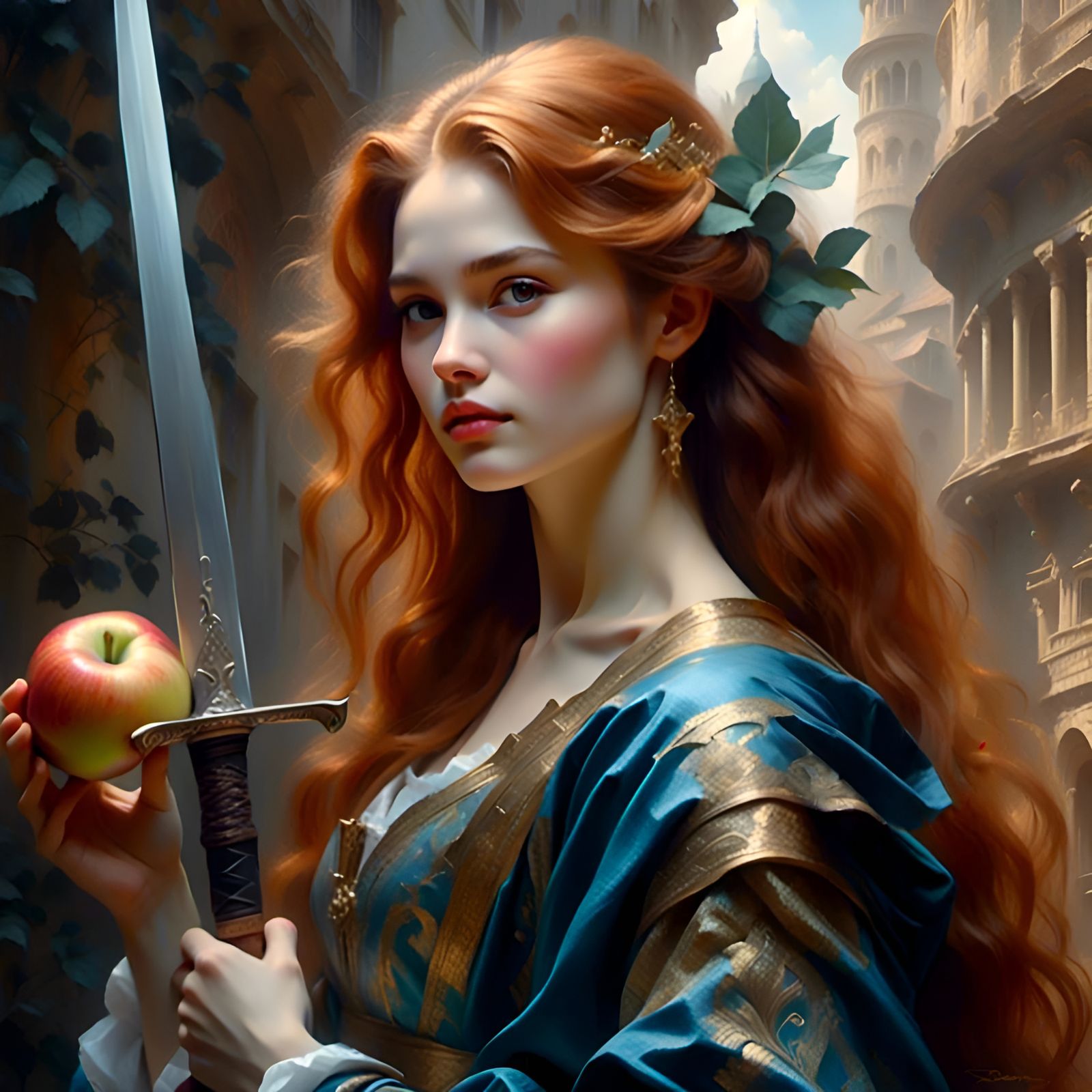 Apple Warrior Portrait in Renaissance Comic Style