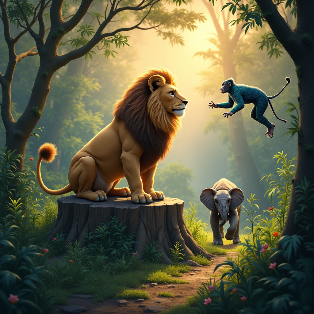 Majestic Lion and Playful Monkey in Jungle Scene