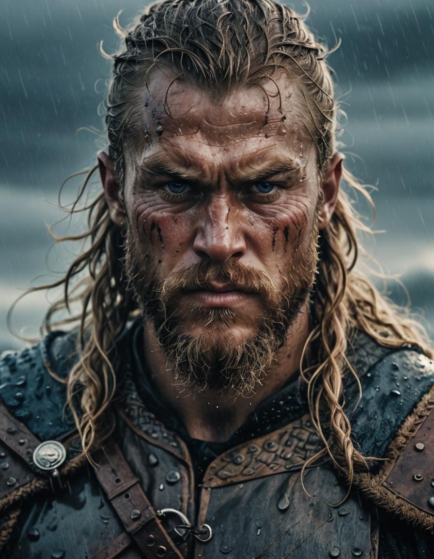 Dramatic Viking Warrior Portrait in Stormy Weather
