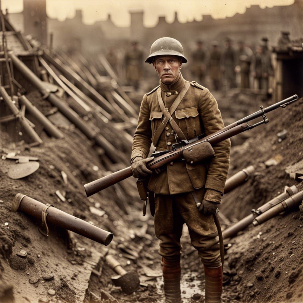 WWI Soldier in Post-Apocalyptic Trench, 1900s Photo