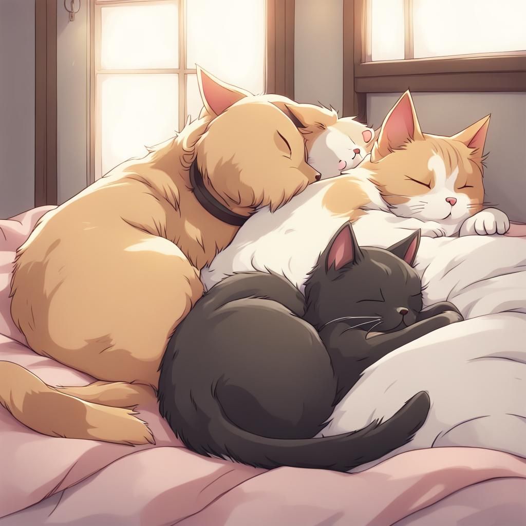 Cat and Dog Cuddling in Anime Style