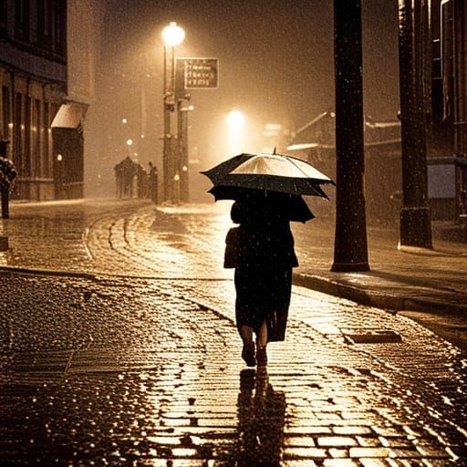 Drenched Pedestrian in Rain-Soaked Victorian Street