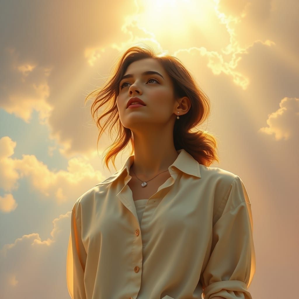 Serene Woman in Billowy Shirt with Divine Sunlight