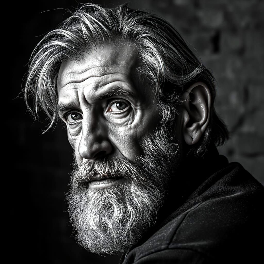 Mysterious Elder in a Weathered Brick Facade