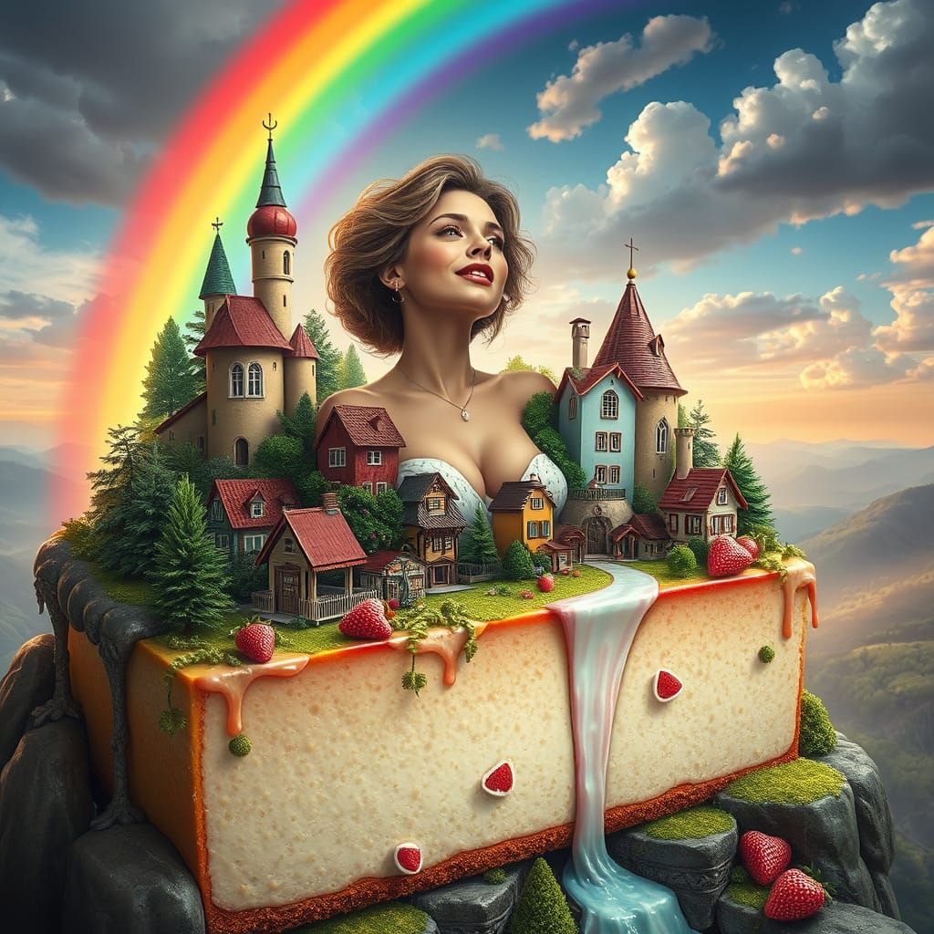 Singing Woman Above Cheesecake Village on Rainbow