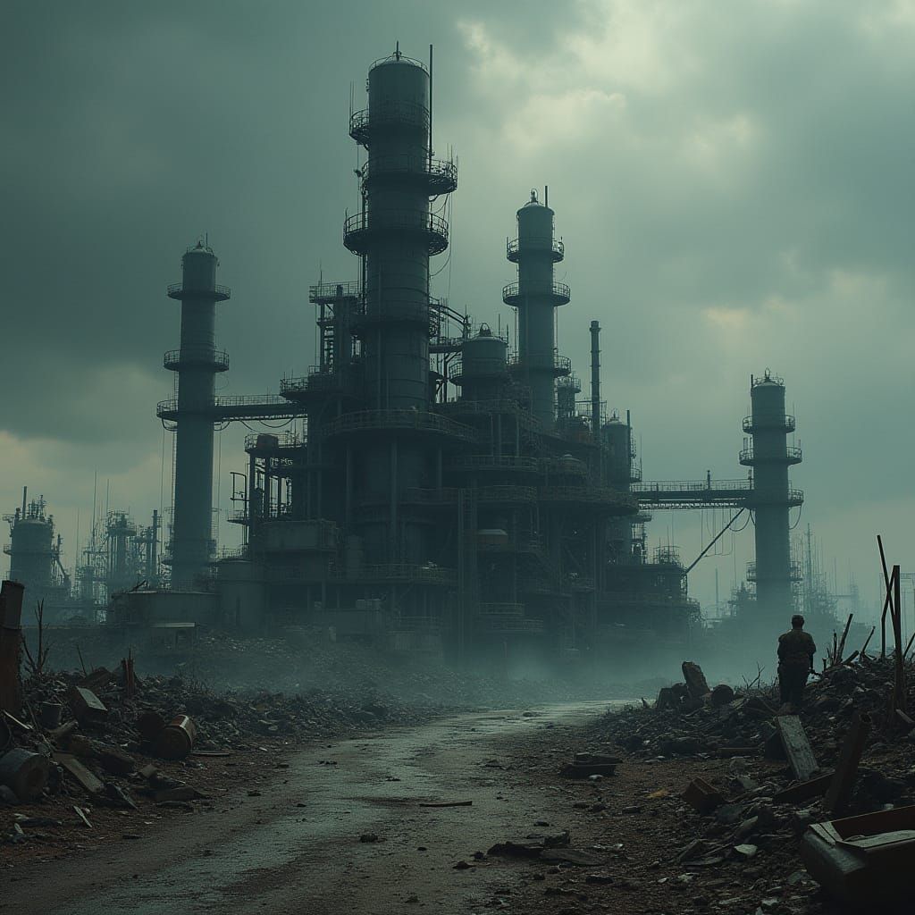 Industrial Wasteland with Hyper-Realistic Black Metal Refine...