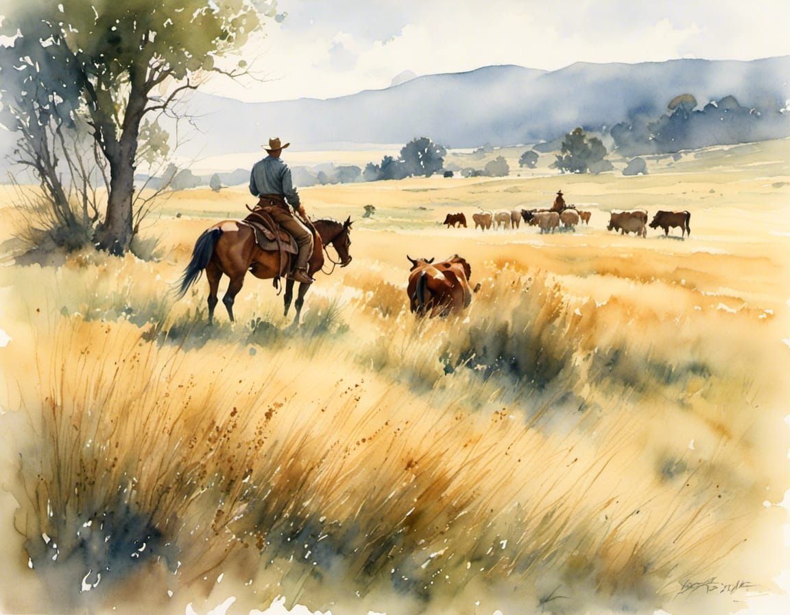 Impressionistic Watercolor Cowboy Grazing Cattle
