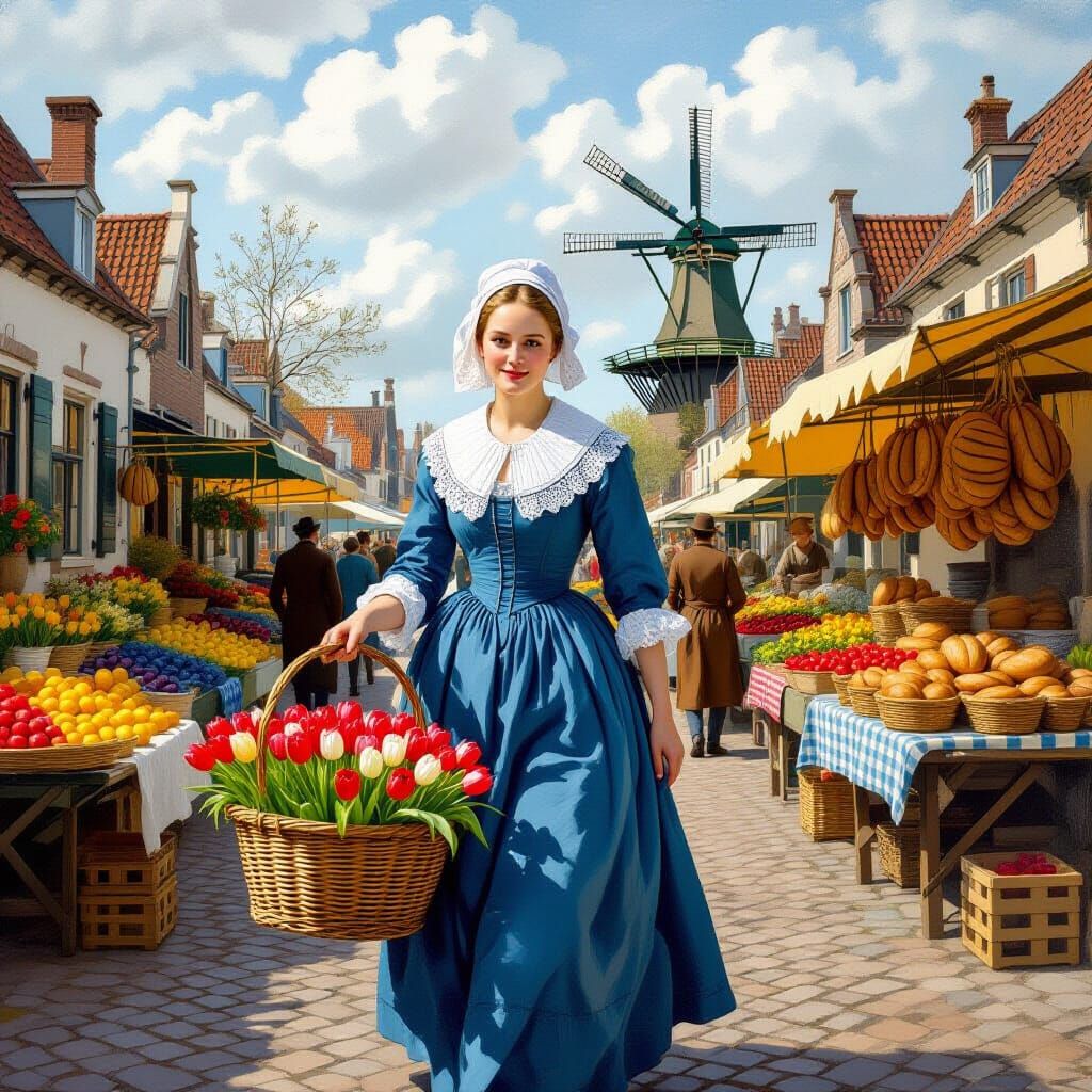 Dutch Woman at Farmers Market, Vermeer Style