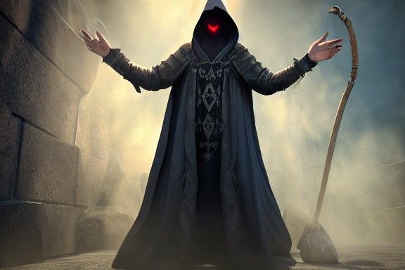 Hooded Mage Casting Spell at Altar: Digital Art