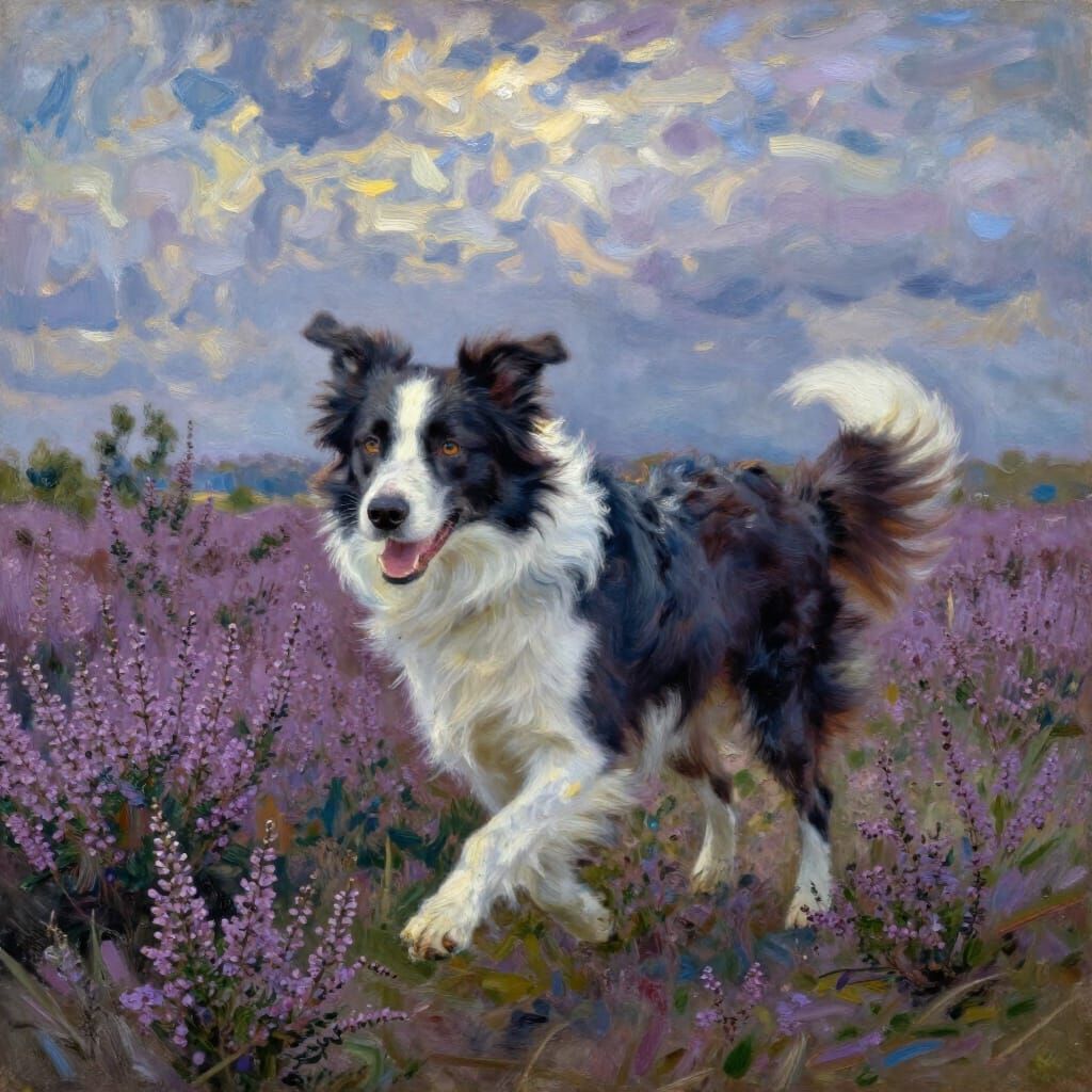 Border Collie Runs Through Heather Field in Painterly Style