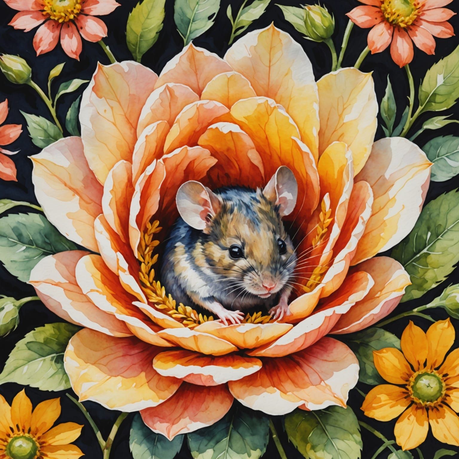 Mouse in a Flower Watercolor Masterpiece