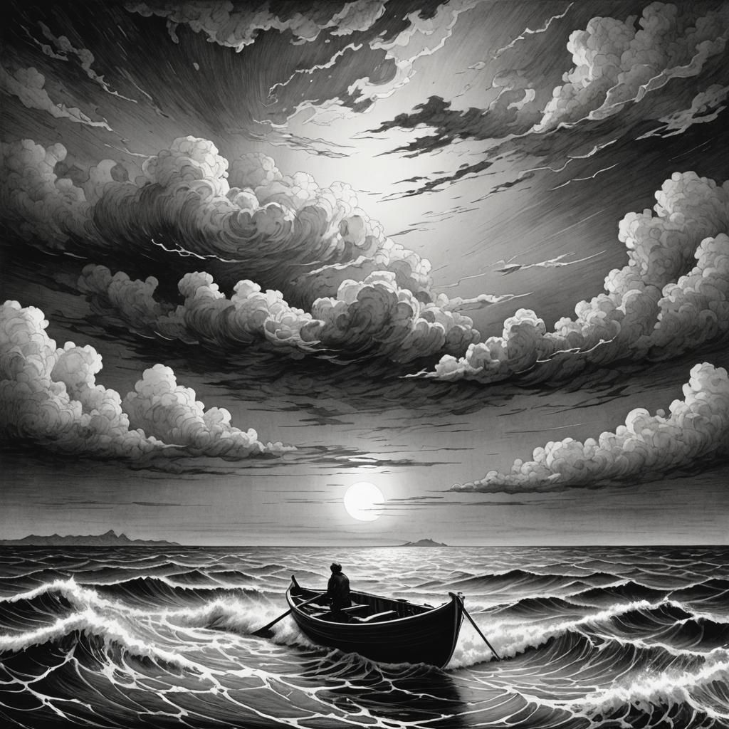 Rowboat on Tempestuous Ocean: Etching Style Illustration