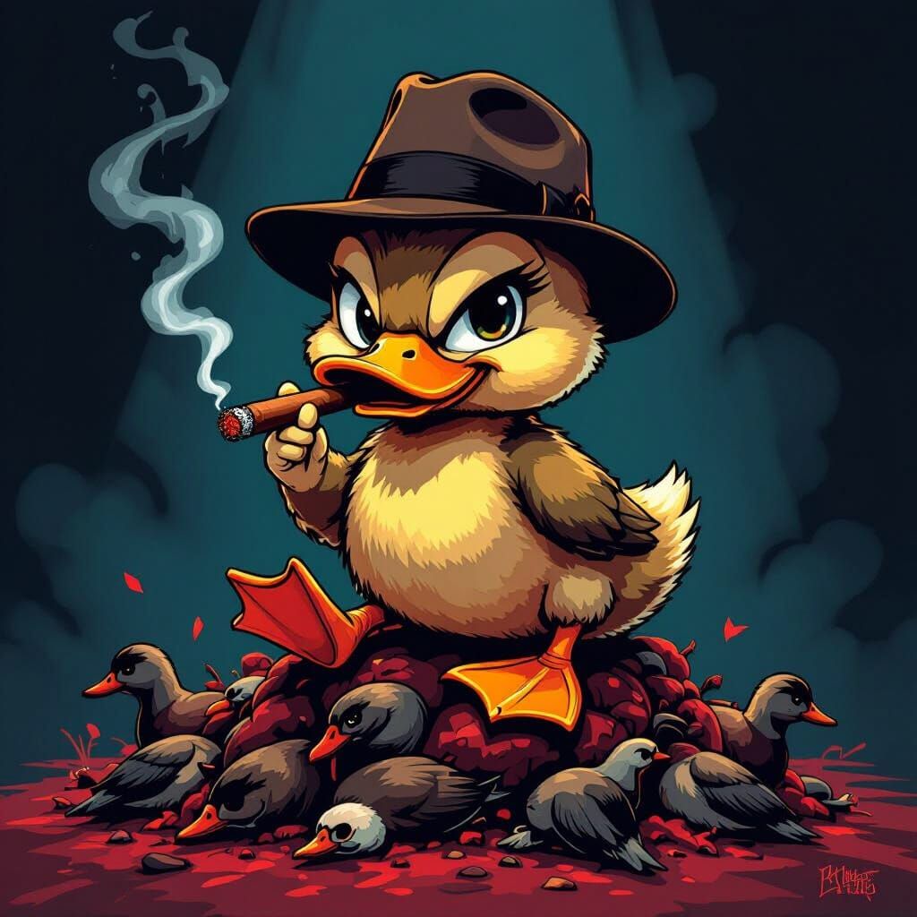 Mischievous Duckling Over Fallen Ducks with Cigar