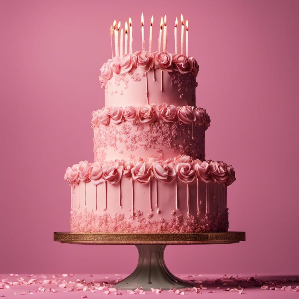 Hyperrealistic Birthday Cake on Pink Background