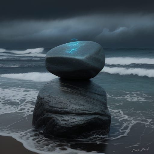 Mysterious Glowing Stone on Dark Beach Oil Painting