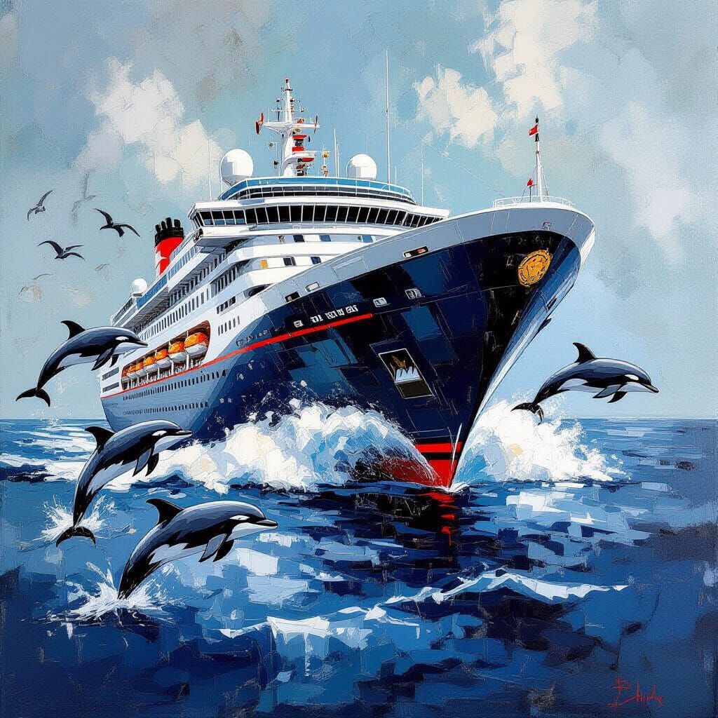 Cruise Ship Surrounded by Dolphins as Impasto Painting