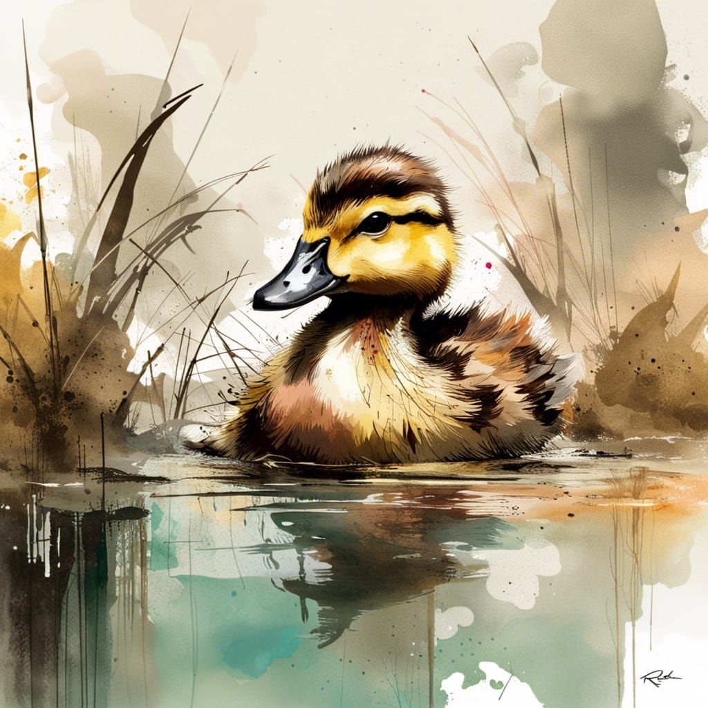 Duckling in River, Inkblot Style Wildlife Art