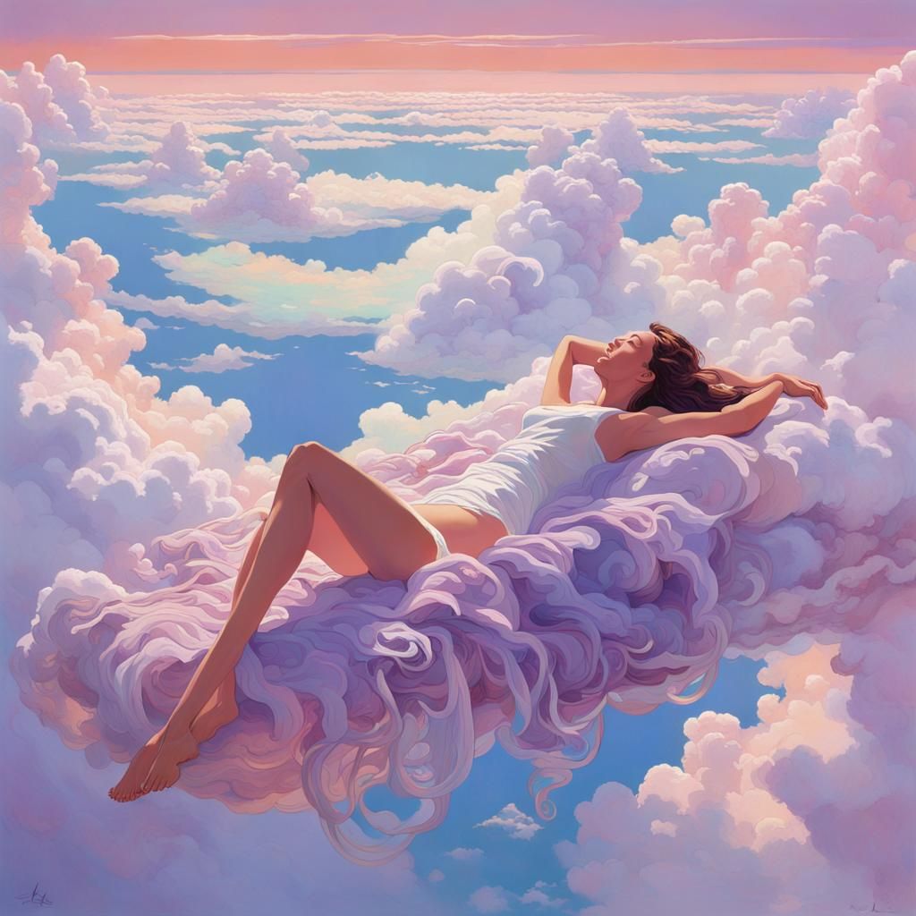 Ethereal Woman Reclining on Celestial Clouds