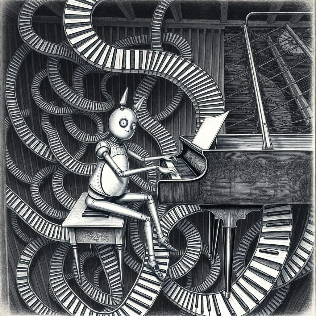 Mechanical Musician in Surrealist Staircase Abyss