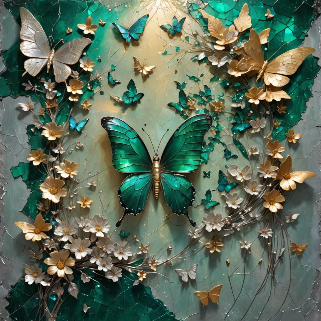 Emerald Wall with Magical Butterfly in Surreal Impasto