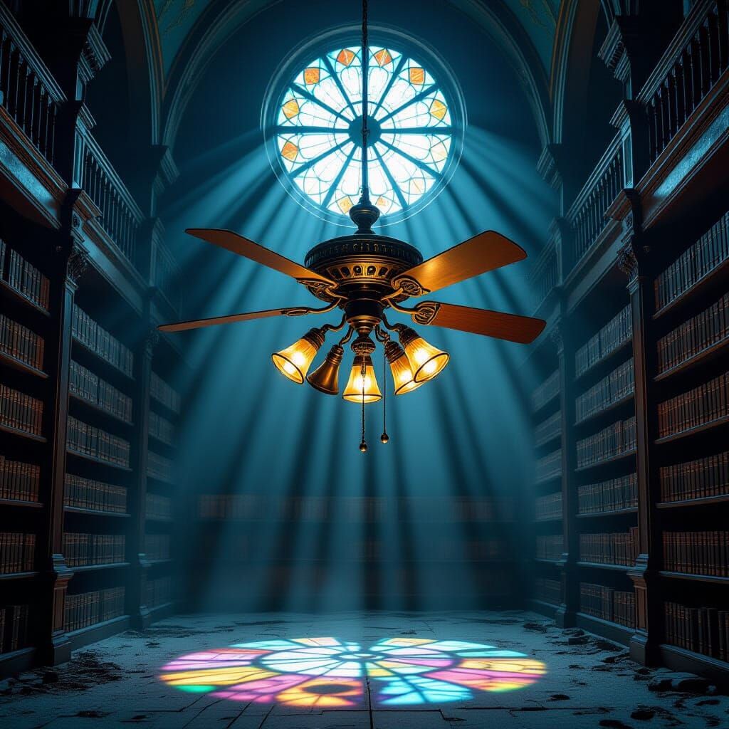 Steampunk Fan in Moonlit Abandoned Library
