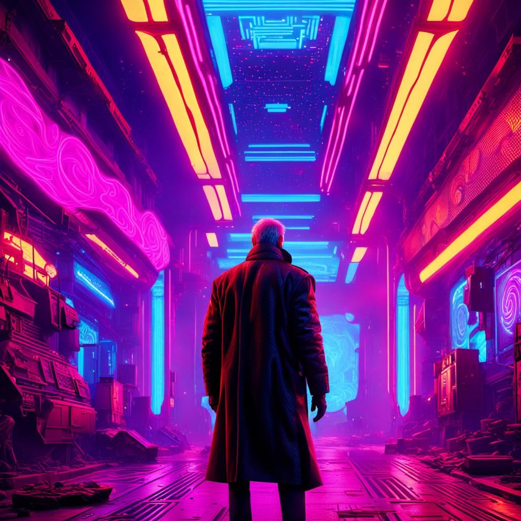 Vicious Man with Neon Blade in Cyberpunk Space