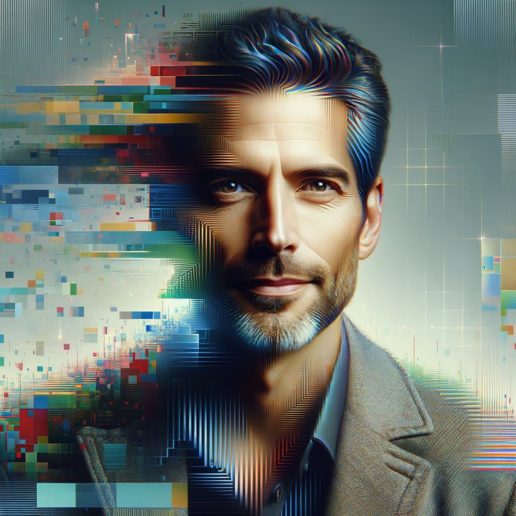 Surreal Cyberpunk Portrait of Man with Digital Disruptions