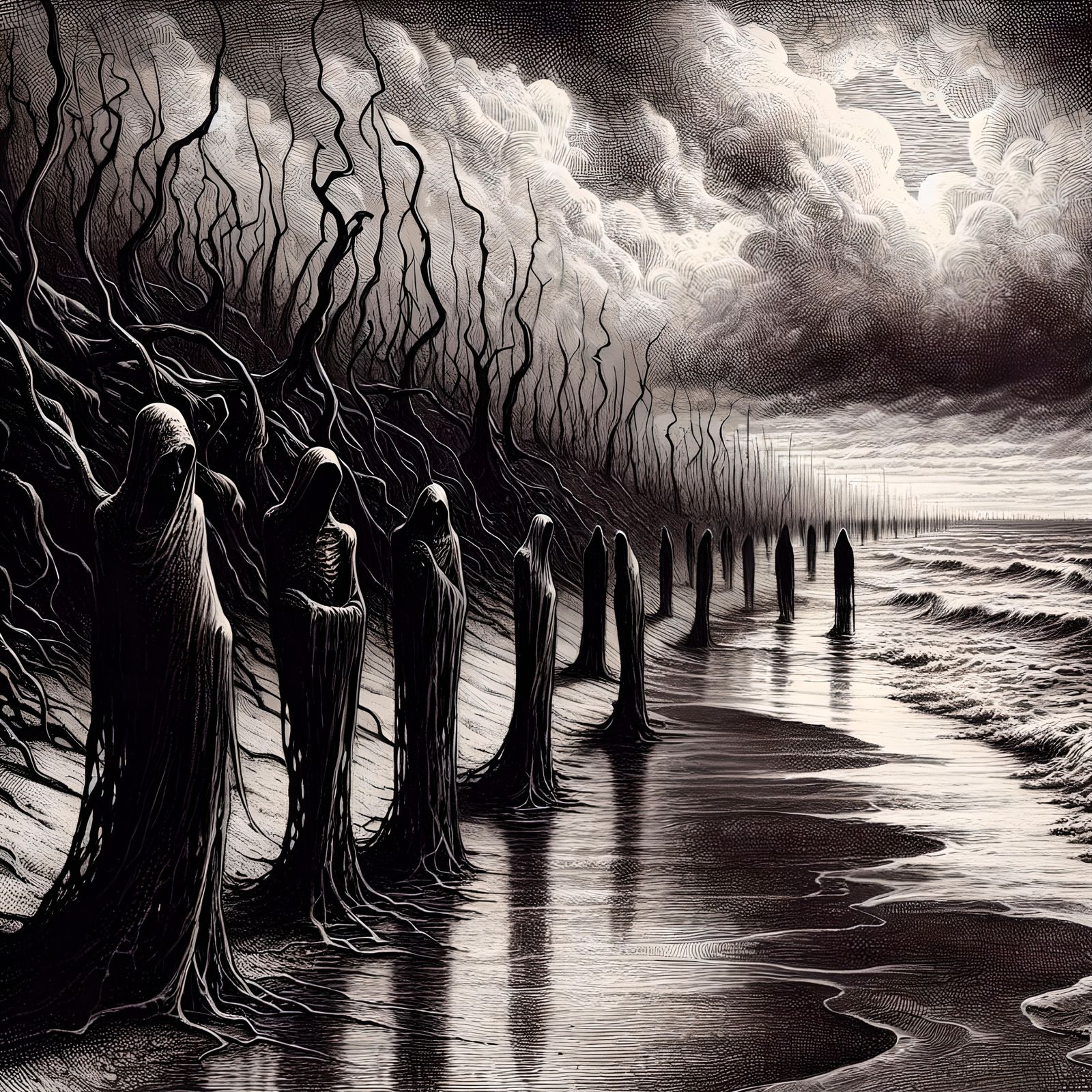 Ethereal Beach Scene in Gothic Pen-and-Ink Style