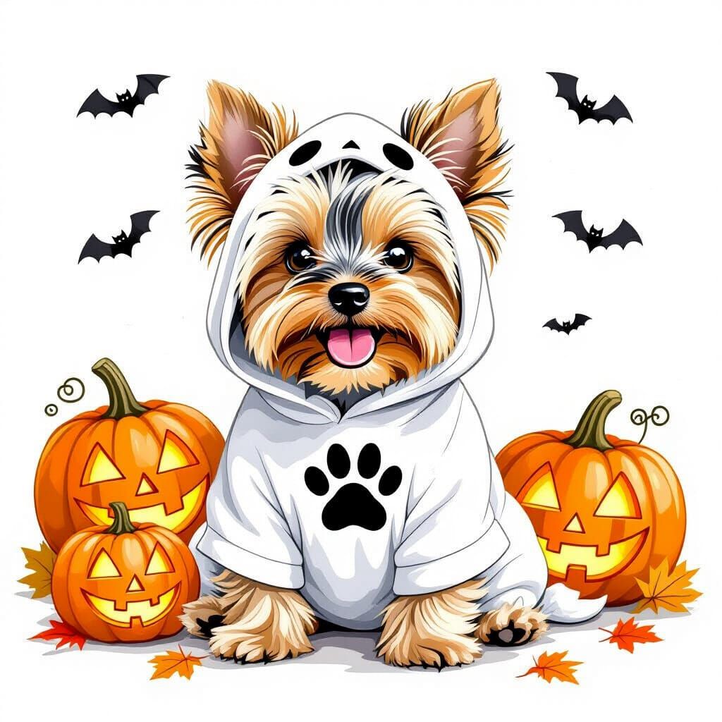 Yorkie Puppy in Ghost Costume with Pumpkins